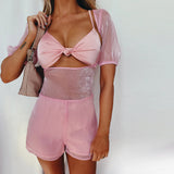 X00207S 2021 fashion women outfit new summer solid color sexy see-through chest piercing and baring two-piece lounge suit