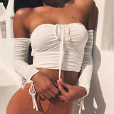 X00845C Off Shoulder Crop Tops Casual Ruched Pleated White T-shirt Women Short Sleeve Cropped Tshirt for Women