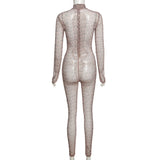 Printed Sexy See Through Stretchy Jumpsuit Women Autumn Turtleneck Streetwear Skinny Slim Party Clubwear Bodycon Romper