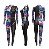 Phoenix Sexy jumpsuit stand collar and color tights Printed mesh woven tape spliced jumpsuit