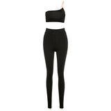 Blue black white elastic fitness tracksuit two piece set women outfit fashion off shoulder crop top + pants streetwear