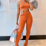 X00089L Fashion character style women two-piece sets stand collar sleeveless crop top & long pants solid color tight sport suits