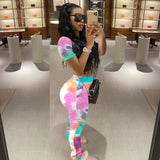 X00521L Phoenix New arrival sport women two-piece set+Tie-dyed butterfly short sleeve pantsuit