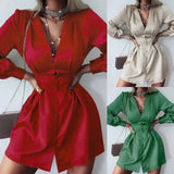 Elegant long lantern sleeve red office lady dress Women high waist A-line short dress Sexy v-neck street wear dress