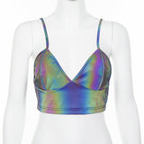 V Neck Sexy Holographic Bralette Crop Top Strap Reflective Fashion Camis Hot Summer Sleeveless Backless Tank Tops