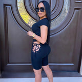 X01416C tracksuit women casual ribbed sporty solid matching set short sleeve+bandage hollow out biker shorts stretchy slim
