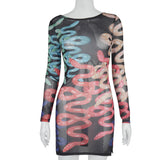 Mesh Snake Print Sexy Hot See Through Mini Dress for Women Long Sleeve Bodycon Clubwear Party Dresses Fashion Autumn