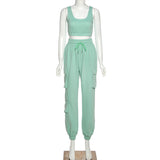 knit two piece set women clothing jogger with pockets and crop top vest set