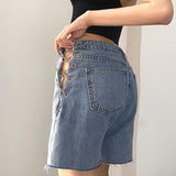 X00703S Hollow-out sexy side chain with high-waisted jeans for women versatile slim straight pants