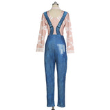 Fashion denim halter print jumpsuit + High-collared slim jumpsuits are a hot seller