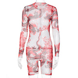 Phoenix Fashion printing 2020 autumn women's see-through mesh slim sport jumpsuit