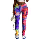 X01630C Phoenix Tie Dye Print Drawstring Side Pockets Stacked Pants Women Bottom Ribbed Knitted Colorful Stretchy Autumn Casual