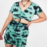 Summer Tie Dye Printed Suit Top Ruched High Waist Sexy Mini Bag Hip Skirt Two Set Women Clothing