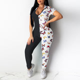 2020 Printed patchwork contrast color macaron jumpsuit v-neck sexy tights