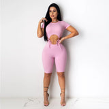 Ribbed Bandage Bodycon Women Rompers Short Sleeve Hollow Out Solid Playsuits Skinny Sexy Solid Biker Shorts Playsuit