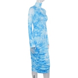 Tie Dye Ruched Club Women Bodycon Dresses Long Sleeve Fashion 2020 Skinny Party Midi Dress Sexy Slim Basic Female