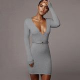 new 2021 fashion women's sexy V-neck knit long sleeve skirt slim waistband and hip-hugging dress