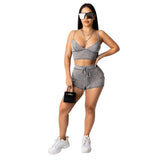 Sexy Short Two Piece Set Crop Tops And Biker Shorts Grey Bodycon Matching Sets Summer Clothes For Women Suit