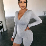 Sexy Bodysuit Women Zip Up Long Sleeve Jumpsuit Shorts Sports Outfit Tracksuits Ladies Solid Playsuit