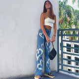 X00923M 2021 New style High-waisted slimming love graffiti print straight tube casual street style jeans in stock