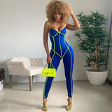 sexy backless jumpsuit women v-neck skinny striped sleeveless summer fashion elastic hight clubwear slim streetwear