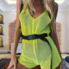 Summer's new fluorescent green mesh jumpsuit casual jumpsuit with belt