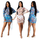 Mesh See Through Sexy Party Dress Women Long Sleeve Drawstring Ruched Mini Dresses Bodycon Butterfly Print Clubwear Hot