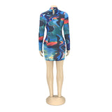 Phoenix Fashion sexy print long sleeve dress+Tight bag hip tie-dye print long sleeve dress