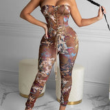 Sleeveless lace-up one-shoulder fashion printed jumpsuit