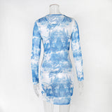 2020 new Tie-dye round neck long sleeve sexy see-through bodycon dress women lady elegant