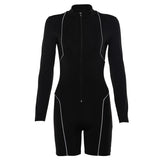 Women biker shorts jumpsuit playsuit full sleeve zipper fly reflective striped rompers female elastic skinny bodysuits