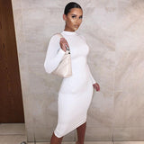 Fashion Casual Brown Midi Dresses Bodycon Elegant Club Party Outfits Stretch Long Sleeve Dress for Women Clothes