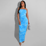 Tie Dye Ruched Strapless Maxi Dresses Women 2020 Summer Fashion Skinny Bodycon Clubwear Sexy Hot Party Dress Wrap Chest