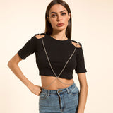 X00069S 2021 Pure color pit sexy hollow out chain slim womens crop top tshirt