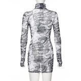 women turtleneck dress sexy mesh material print slim skinny dresses long sleeve female fashion skinny outfits