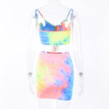 Hot Tie-dye Printed Sexy Two Piece Set Spaghetti Strap Sleeveless Crop Top And Short Skirts Tracksuit Mini