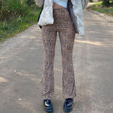 X02027C Brown Leopard Joggers Women High Waist Flare Pants Double Layer Mesh E Girl Aesthetic Trousers Female Sweatpants