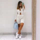 ribbed tops and bikers shorts autumn two piece set sexy zipper full sleeve white black matching sets outfits