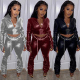 2021 Autumn winter Leather cardigan zip up casual sport suit stack pants 2 piece set