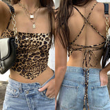 Sexy Leopard Print T-shirt Hollow Bandeau Women Club Clothes Summer Backless Strappy Crop Top Femme