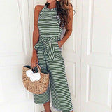 Elegant Sexy Jumpsuits Women Sleeveless Striped Jumpsuit Loose Trousers Wide Leg Pants Rompers Belted Overalls