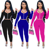 X00497L Phoenix New arrival sport women two-piece set+Zipper off - shoulder long - sleeve pantsuit