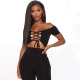 Phoenix Women's short shoulder sleeves and hollowed-out crop umbilicus with lacing jumpsuit