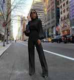 Fall Jumpsuit Women Wide Leg Long Jumpsuits 2020 Elegant Office Lady Work Casual High Neck Lantern Sleeve Overall