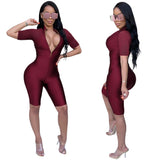 Sexy deep V zipper jumpsuits club one-piece shorts Tight and comfortable front and back clothes