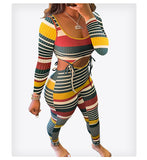 Phoenix New autumn color stripe thread long sleeve two-piece set Hollow out bind stripe suit