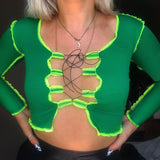 X00800M New style hollowed-out long-sleeved T-shirt tops sexy women tops bodycon green casual tops hot