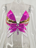 X00208M 2021 women hot style Summer colorful butterfly sequins top Sexy backless V-Neck halter crop top