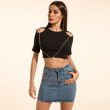 X00069S 2021 Pure color pit sexy hollow out chain slim womens crop top tshirt