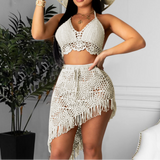 X00174L 2021 Autumn Sexy handmade crochet tassel casual suit+Beach swimsuit smock